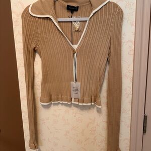 MAJORELLE Tan Ribbed Sweater with White Trim